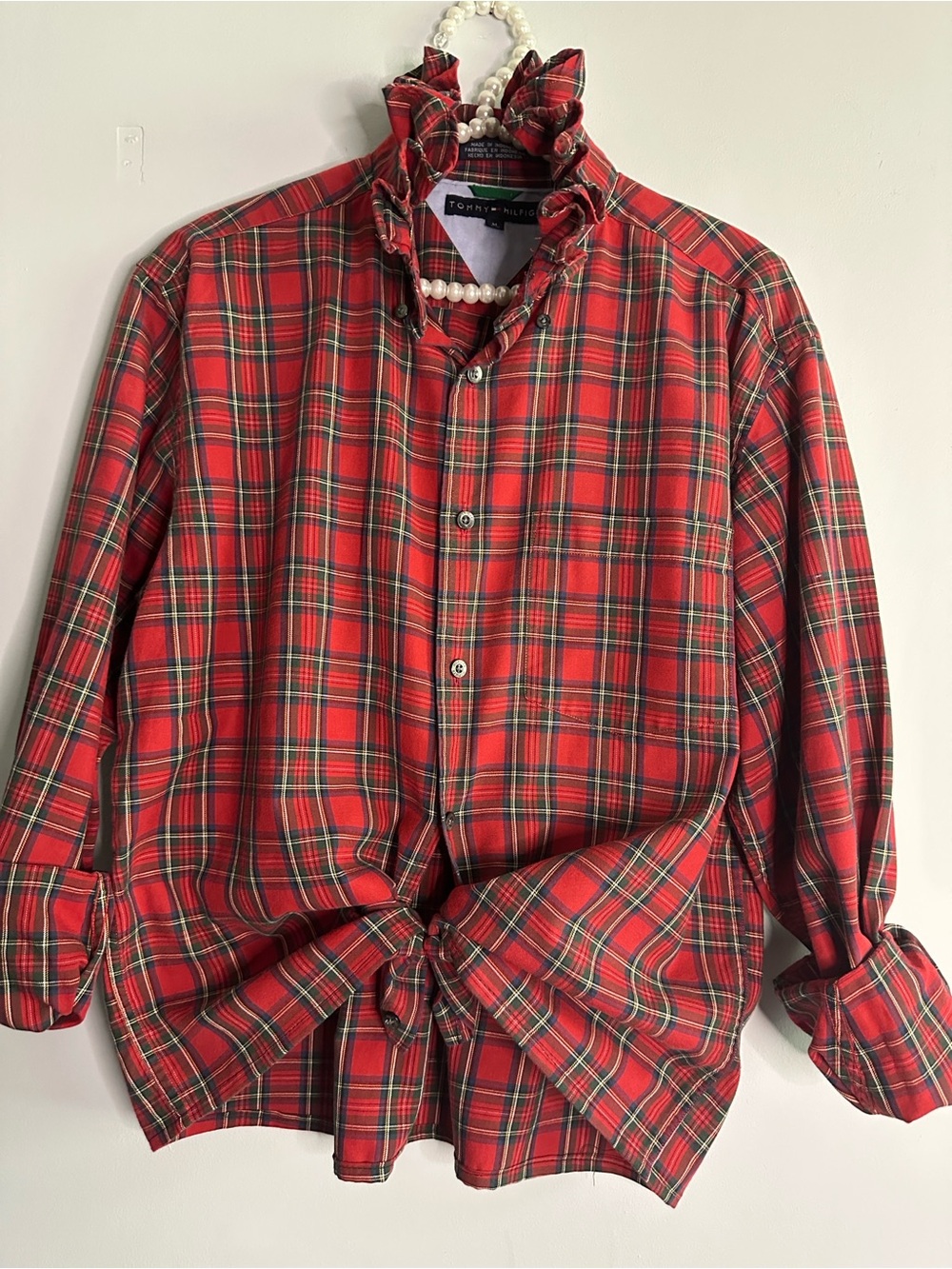 Tommy Hilfiger Red and Green Plaid Ruffled collar Shirt